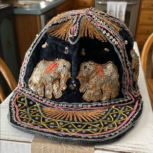 Vintage Embroidered Elephant Design Cap - Black and Gold